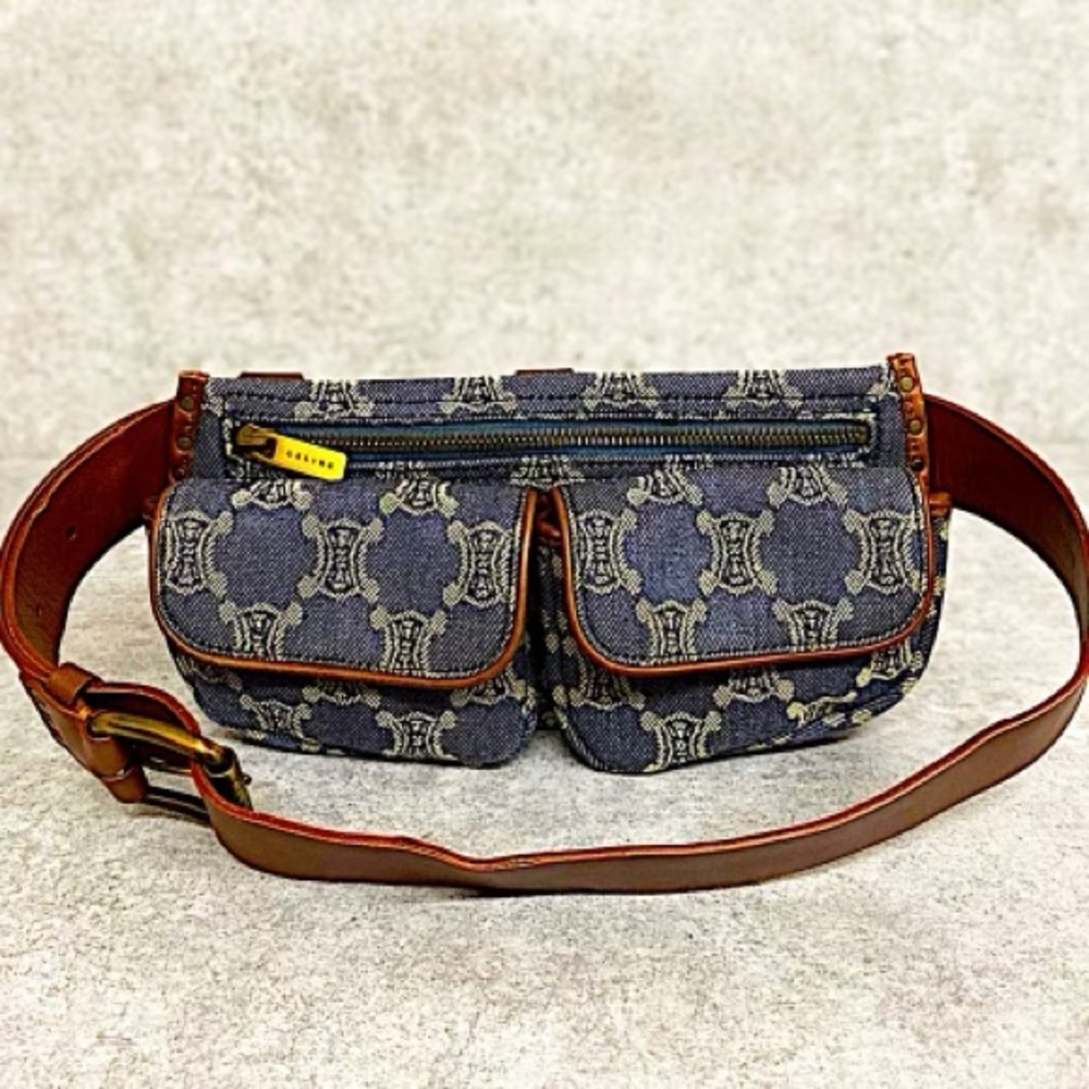 Authentic Vintage Celine Rare Denim Macadam Studded Waist Pouch